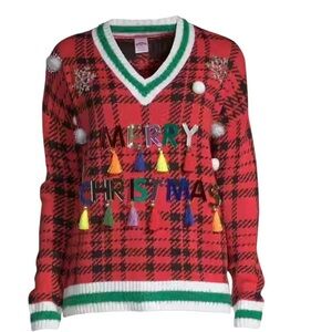 Holiday Time Red V-Neck Christmas Ugly Sweater Women’s Men’s Holiday NWOT Size L